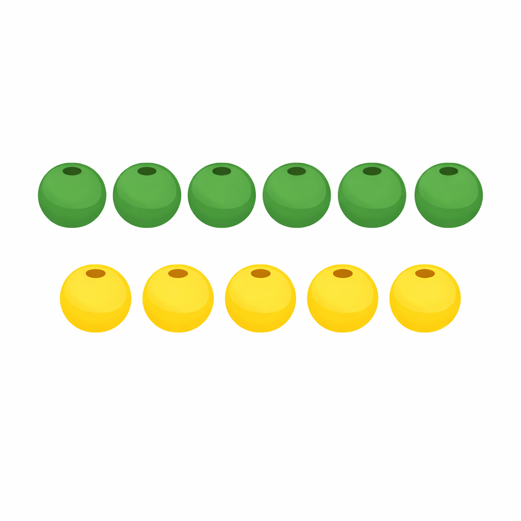 A diagram showing 5 green beads and 6 yellow beads.
